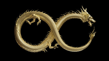Full body gold dragon in infinity shape pose with 3d rendering include alpha path. © FullFrames