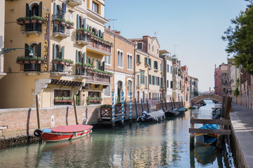 gondolas in venice near the pier