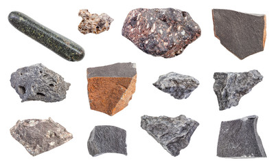 set of various Basalt rocks isolated on white