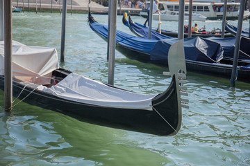 gondolas in venice near the pier