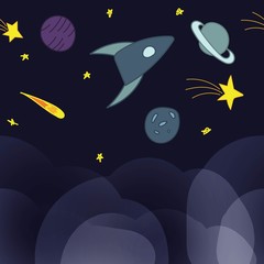 vector seamless pattern, horizontal wide border, space for children in doodle style on a blue background