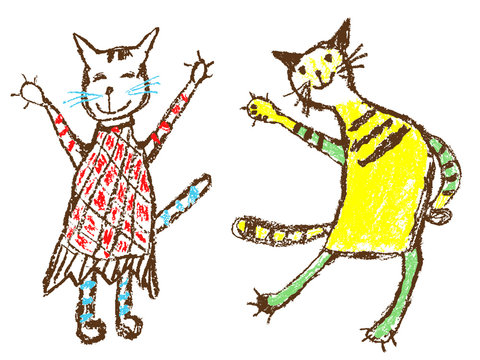Funny he boy and she girl tabby two cats in dress. Wax crayon like child`s hand drawn cute smiling dancing kitten. Pastel chalk or pencil kids line art stroke cats. Vector artistic doodle simple pets