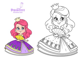 Cute red haired princess in purple dress with fan outlined and color for coloring book © Azuzl