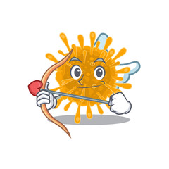 Romantic picture of coronaviruses Cupid cartoon character with arrow and wings