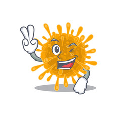 Cheerful coronaviruses mascot design with two fingers