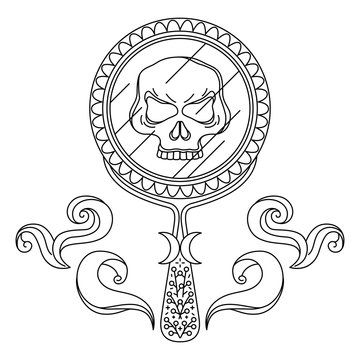 Providence by mirror. Skull in reflection - outline picture for adult coloring book. Isolated symbol of bad luck, evil rock, misfortune. Prediction of future, vision of spiritual, extrasensory concept