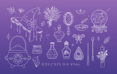Witchcraft collection in line style. Isolated set of sorcery and wizard elements. Kit for good witch - hat, small cauldron, magic wands, crystal ball. Idea for fairy badges, stickers, print