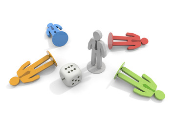 Businessman pieces and dice. 3D rendering