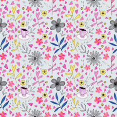 Seamless pattern with love labels, hearts. Hand drawn hearts, flowers, mug in doodle style.