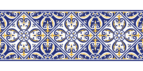 Vecteur de motif de bordure de tuile sans couture. Texture d& 39 ornement portugais en céramique. Azulejos de Lisbonne, mosaïque espagnole, talavera mexicaine, majolique italienne sicilienne, motifs marocains, arabesques.