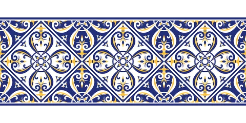 Papier Peint photo Portugal carreaux de céramique Vecteur de motif de bordure de tuile sans couture. Texture d& 39 ornement portugais en céramique. Azulejos de Lisbonne, mosaïque espagnole, talavera mexicaine, majolique italienne sicilienne, motifs marocains, arabesques.
