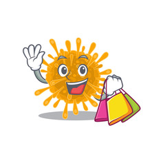 Happy rich coronaviruses mascot design waving and holding Shopping bag