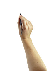 Elegant woman's hand holding a blue and silver ink pen. Useful for presentations and visual...