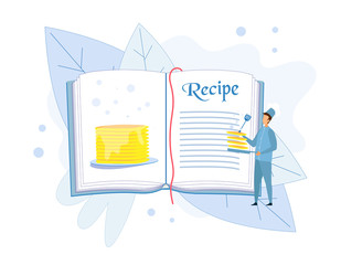 Huge Cartoon Pancakes Recipe in Cook Book. Tiny Faceless Man Chef Character in Uniform Stand with Turner and Frying Pan in Hand. Empty Paper Pages for Notice. Vector Flat Illustration. Foliage Design