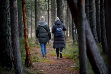 Fototapeta premium two girls walking in the woods. look from the back, down jackets.