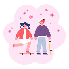 Couple riding skateboards in casual clothes. People Vector Illustrations
