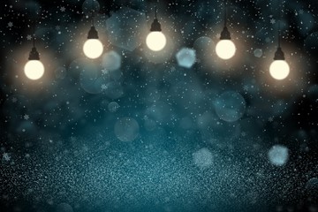 Fototapeta na wymiar light blue pretty shiny glitter lights defocused bokeh abstract background with light bulbs and falling snow flakes fly, festal mockup texture with blank space for your content