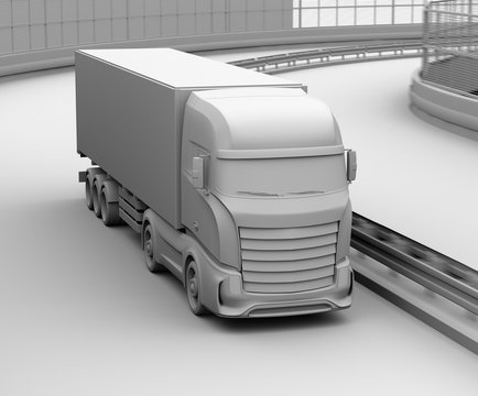 Clay rendering of generic design Electric Truck driving on the highway. 3D rendering image.