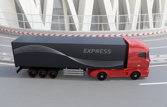 Side view of generic design Heavy Electric Truck passing highway curve. 3D rendering image.