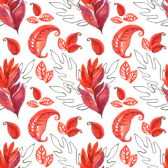 watercolor pattern with red leaves on white background