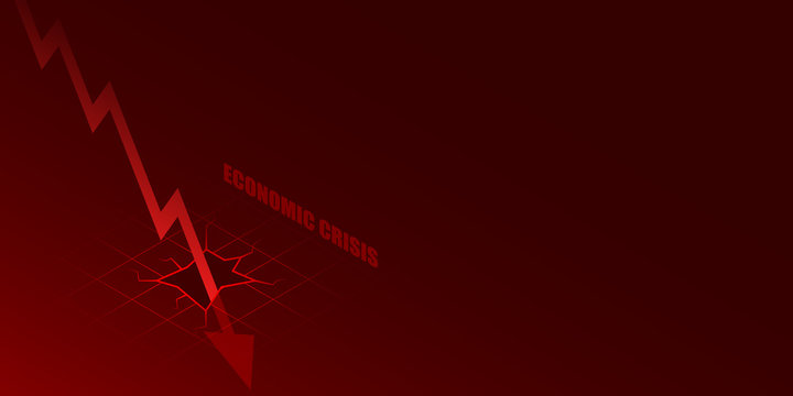 Down red arrow graph crash to ground isometric economic crisis illustration with copy space