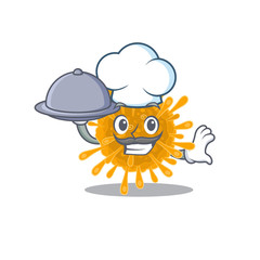Coronaviruses as a chef cartoon character with food on tray