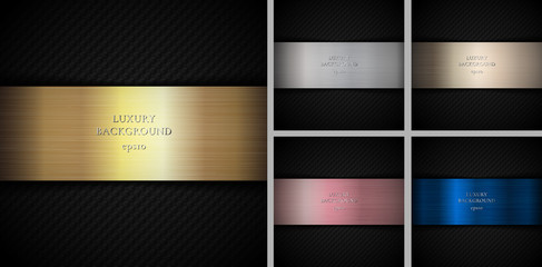 Set of carbon gold, silver, pink gold, bronze, copper and blue metallic on black background and texture.