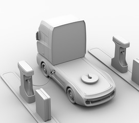 Clay rendering of generic design blue Heavy Electric Truck charging at Public Charging Station. 3D rendering image.