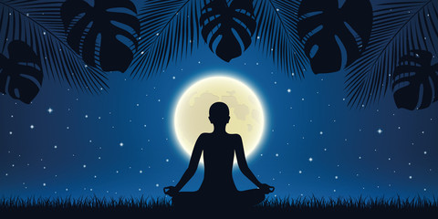 person in meditation pose at night background with full moon and palm tree leaves vector illustration EPS10