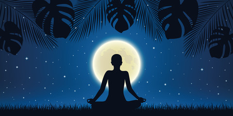 person in meditation pose at night background with full moon and palm tree leaves vector illustration EPS10 © krissikunterbunt