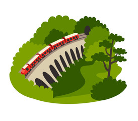 Nine arch bridge Sri Lanka landmark vector illustration. Red train rides on stone bridge. Asian rainforest landscape. Isolated drawing icon on white background 