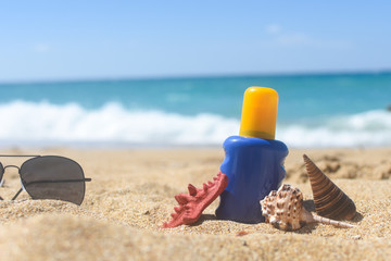 Summer vacation accessories on the beach.  Summer holidays background, concept of vacations