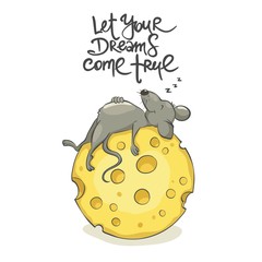 Funny Mouse sleep on cheese / Vector illustration, funny birthday card