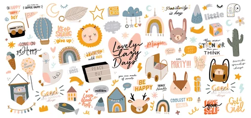 Fototapeten Cute kids scandinavian characters set including trendy quotes and cool animal decorative hand drawn elements. Cartoon doodle  illustration for baby shower, nursery room decor, children design. Vector. © Ruslana