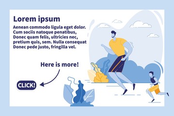 Obraz premium Dad and Son Fitness Training, Outdoors Workout. Happy Family Healthy Sport Activity. Father and Kid Exercising, Jogging Track. Marathon Running. Cartoon Flat Vector Illustration, Horizontal Banner