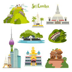 Sri Lanka island vector illustration collection.Ceylon architecture.Colombo skyline,Sigiria and Nine arches bridge. Buddhist stupa temple.Galle lighthouse Adam's Big Peak.Cartoon set isolated on white