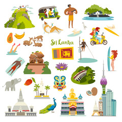 Sri Lanka landmarks vector illustration. Ceylon touristic and historical places.Sri Lanka island art icon collection. Colombo skyline,Sigiria and Nine arches bridge. Cartoon flat set isolated on white - 329276350