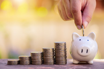 hand of someone put coin to white piggy bank with step of growing coins, money saving or investing for home lone or real estate concept