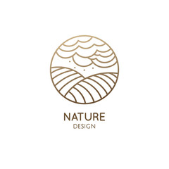 Vector logo of nature in linear style. Outline icon of landscape with sun, fields, clouds - business emblems, badge for a travel, farming and ecology concepts, health, spa