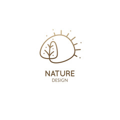 Vector logo of nature elements. Simple decorative emblem. Linear icon of landscape with tree, sun - business emblems, badge for a travel, farming and ecology concepts, health and yoga