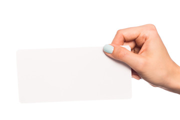 Obraz premium female hand isolated on white background holding card with text place - Image