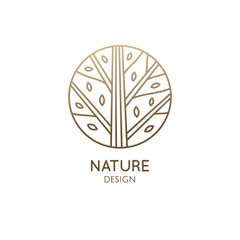 Forest logo template in linear style. Abstract outline round icon of trees, garden. Vector emblem for business design, badge for a cosmetology, farming, ecology concept, spa, health and yoga