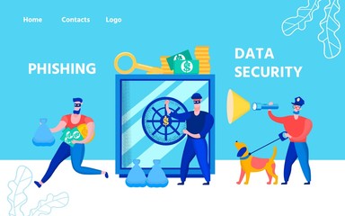 Flat Landing Page Offer Data Security Service and Protective Technologies from Phishing. Cartoon Con Man and Thief Characters. Guy with Megaphone and Dog Protect Database. Vector Illustration