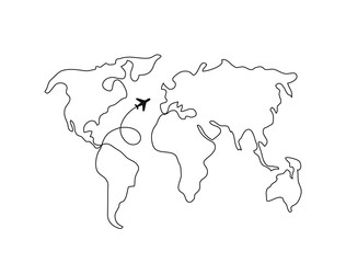 World map line art. Continuous line drawing. Airplane. Travel
