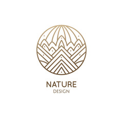 Geometric decorative logo of mountains. Abstract linear icon of landscape with mountains, trees and sun