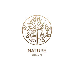 Tropical plant logo. Round emblem floral plant in linear style. Vector abstract badge flower for design of natural product, flower shop, cosmetics, floristic, ecology, health, medicine, healthy