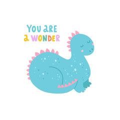 Vector card with cute dinosaur and funny lettering on white background. Dragon illustration for kids