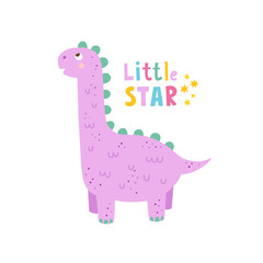 Vector card for kids with cute little dinosaur and funny lettering. Graphic illustration with fantastic animal for children
