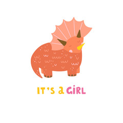 It's a girl lettering card with cute little dinosaur. Vector newborn concept for birthday girls