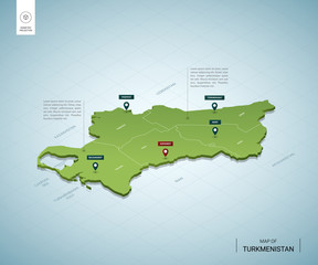 Stylized map of Turkmenistan. Isometric 3D green map with cities, borders, capital Ashgabat, regions. Vector illustration. Editable layers clearly labeled. English language.